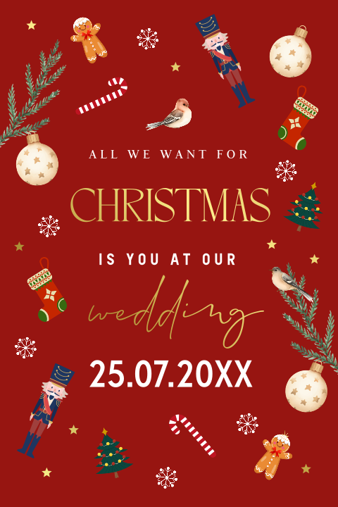 Save the Date kerstkaart rood met kerst figuurtjes goudfolie