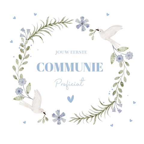 Felicitatie communie kaart jongen bloemenkrans vogels blauw