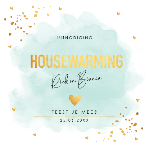 Housewarming uitnodiging mintgroen watercolour goudlook