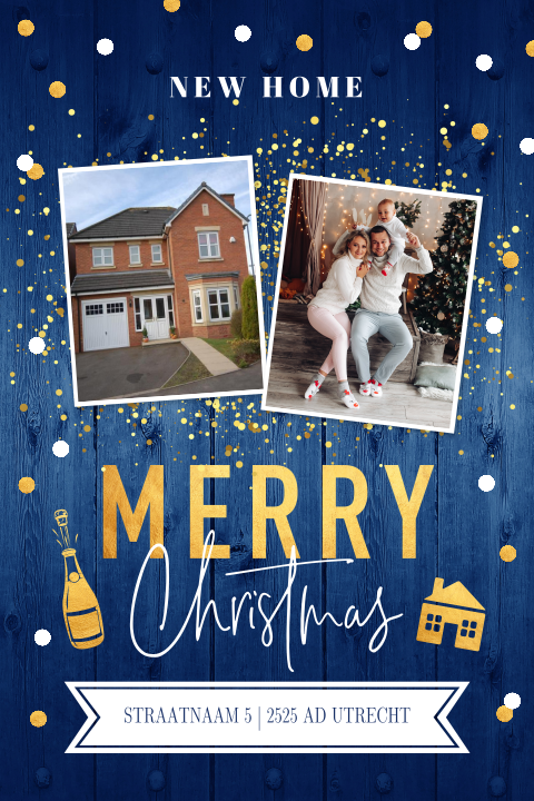 Kerst verhuiskaart met foto blauw hout goudlook confetti