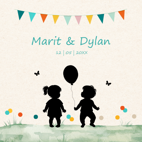 Geboortekaartje tweeling jongen meisje silhouet ballon slinger groen