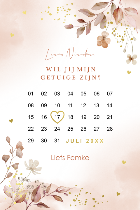 Getuigekaart vrouw bloemen roze beige kalender goudfolie