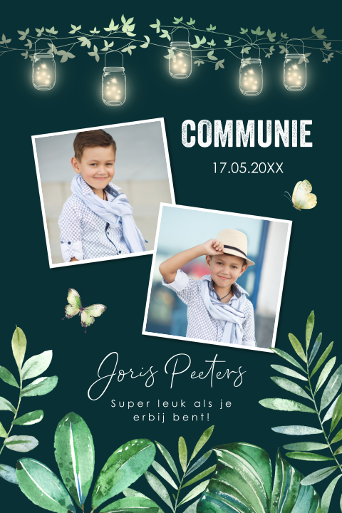 Communie uitnodiging jongen foto blauw groen bladeren lampjes