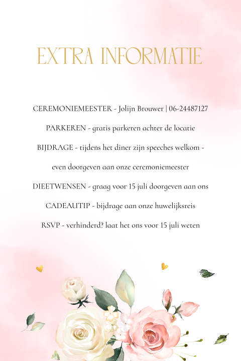 Extra informatie kaartje huwelijk roze bloemen kalkpapier