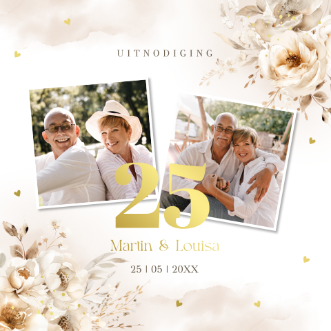 Jubileum uitnodiging 25 jaar getrouwd foto beige bloemen goudfolie