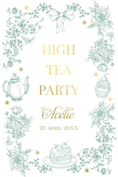 High Tea Party uitnodiging floral groen goudfolie