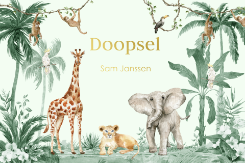 Doopkaart jongen safari jungle dieren goudfolie