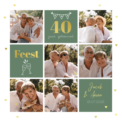 Uitnodiging jubileum 40 jaar getrouwd fotocollage groen goudfolie