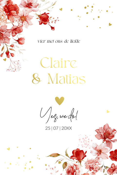 Trouwkaart bloemen rood watercolour goudfolie rechthoekig