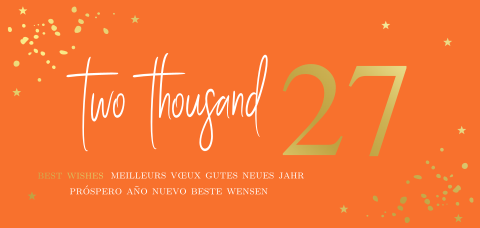 Zakelijke kerstkaart modern bedrijf jaartal 2026 oranje goudfolie