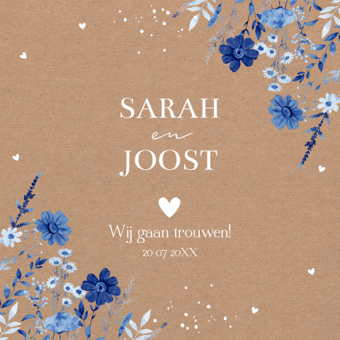 Trouwkaart bloemenkrans blauw kraftlook bruin