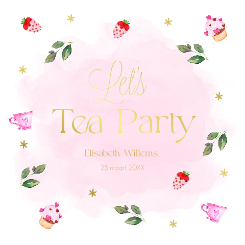 High Tea uitnodiging thee figuurtjes waterverf roze goudfolie