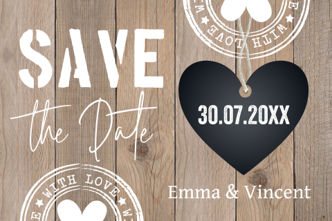Save the Date kaart hout look hartje zwart stempels