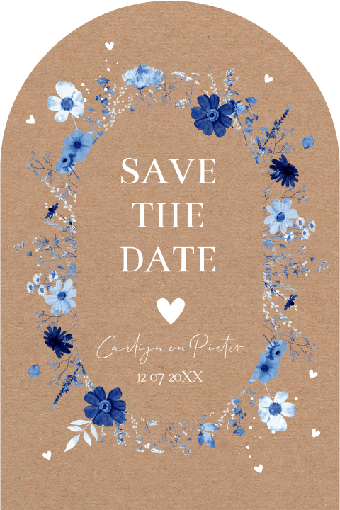 Save the Date kaart boog kraft bloemen blauw