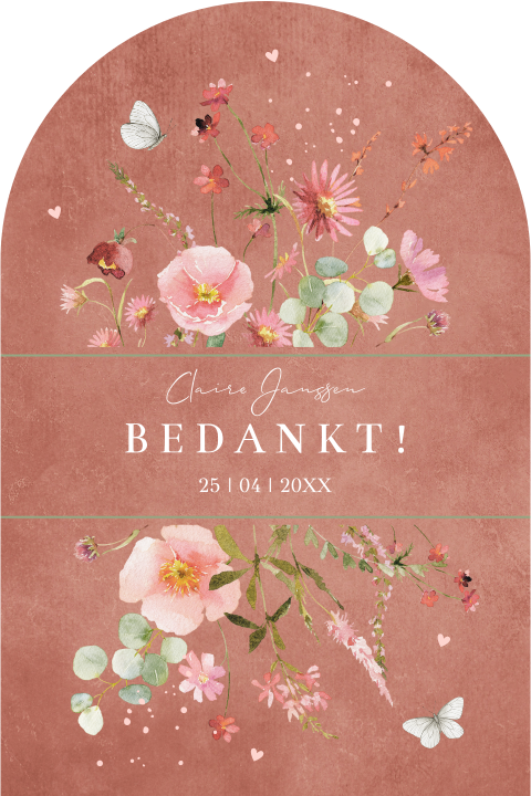 Bedankkaart communie meisje roze bloemen vlinders boog