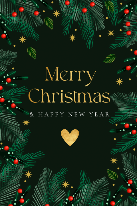 Kerstkaart groen kersttakjes goudlook hartje Merry Christmas