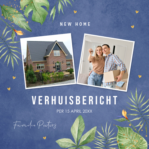 Verhuiskaart blauw tropisch bladeren foto