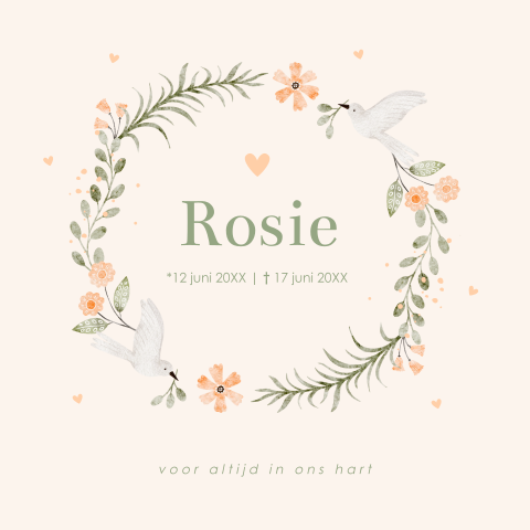 Rouwkaartje baby meisje bloemenkrans vogels roze