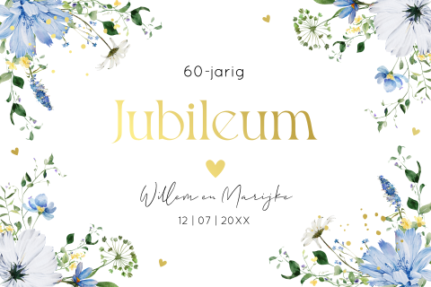 Jubileum uitnodiging 60 jaar getrouwd bloemen blauw goudfolie