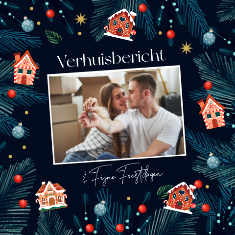 Kerst verhuiskaart met foto blauw huisjes kersttakjes