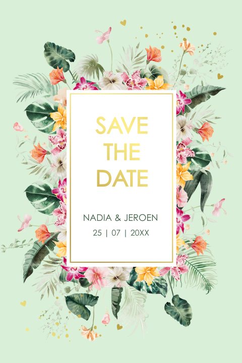 Save the Date uitnodiging tropisch lichtgroen bloemen goudfolie