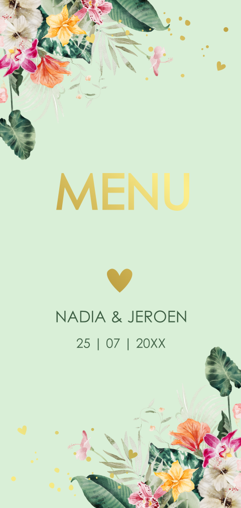 Menukaart tropische bloemen lichtgroen goudfolie