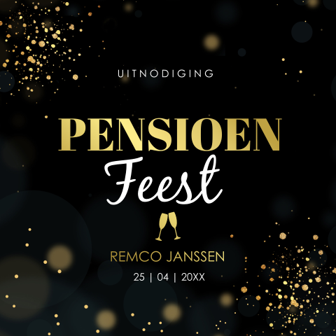 Pensioen uitnodiging zwart spetters goudfolie