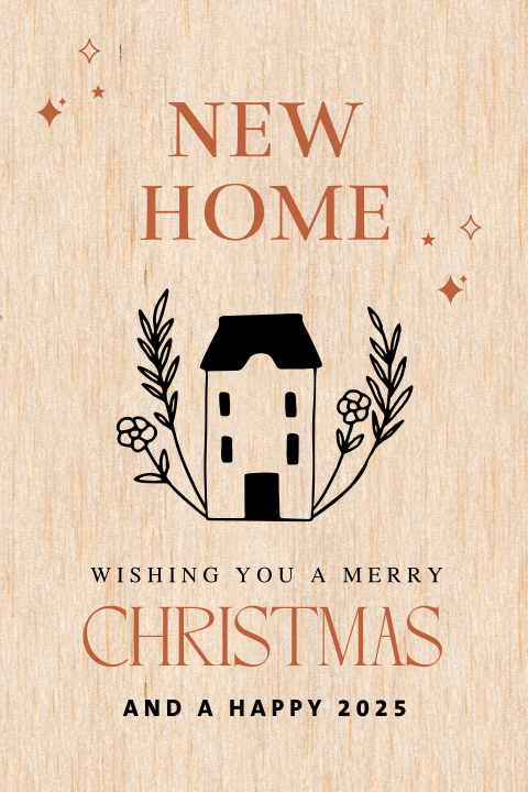 Kerst verhuiskaart op echt hout met huisje getekend
