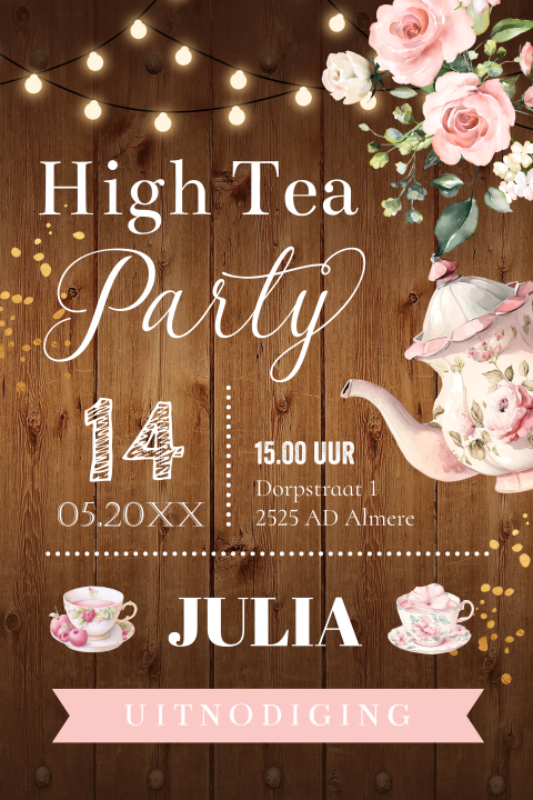 High Tea Party uitnodiging hout bloemen roze theekopjes