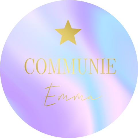 Stickers rond communie holografisch paars goudfolie