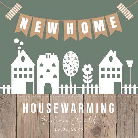 Housewarming party uitnodiging groen huisjes slinger