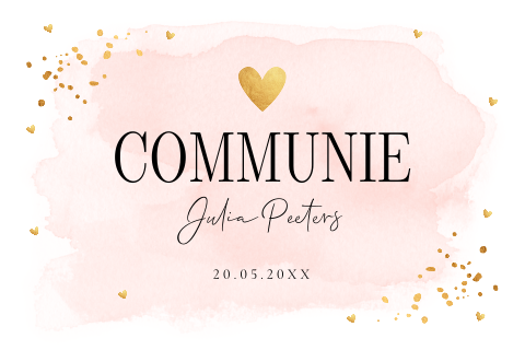 Communie uitnodiging meisje roze watercolour goudlook hartjes