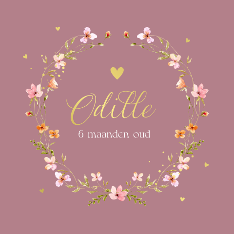 Mijlpaalkaart baby eerste jaar meisje bloemenkrans roze goudfolie