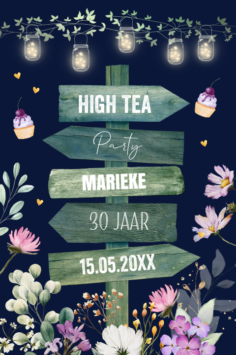 High Tea uitnodiging houten wegwijzer bloemen cupcakes paars