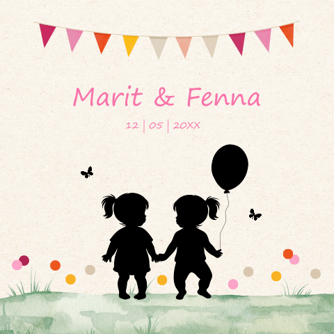 Geboortekaartje tweeling meisjes silhouetten slinger
