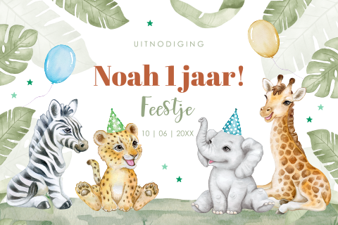 Uitnodiging kinderfeestje jongen 1 jaar safari jungle dieren ballonnen
