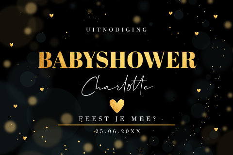 Babyshower uitnodiging zwart goudlook spetters hartjes