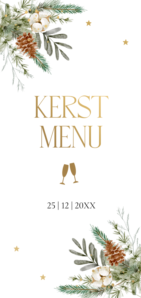 Kerstmenukaart langwerpig wit kersttakjes groen goudfolie