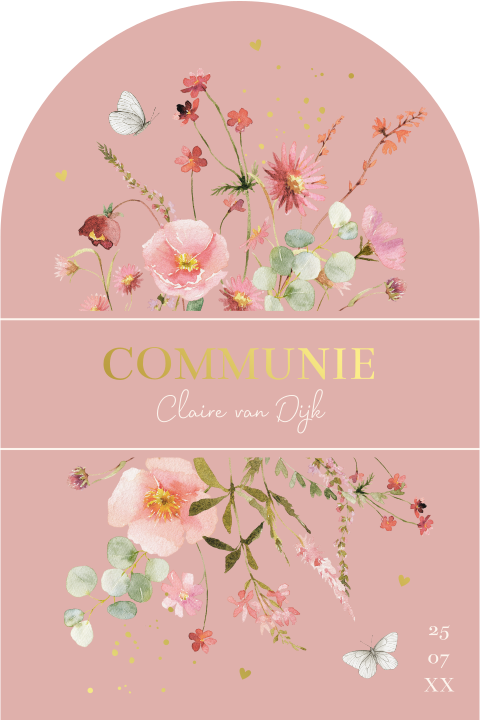 Communie uitnodiging meisje boog bloemen roestbruin roze rosegoudfolie