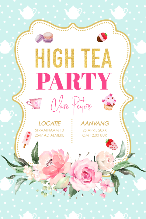 High Tea Party uitnodiging mintgroen bloemen theepotten