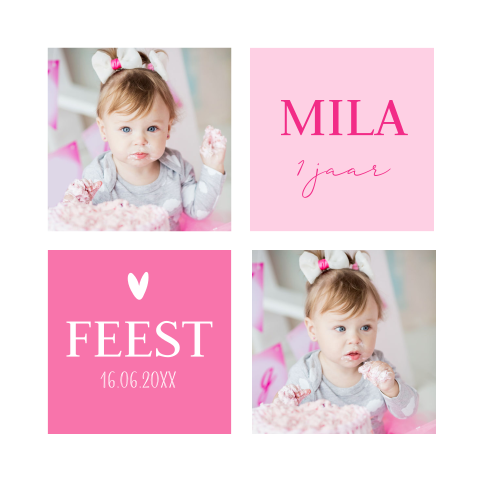 Uitnodiging kinderfeestje meisje roze eigen foto vierkante vlakken