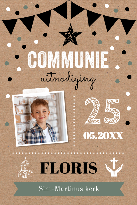 Communie uitnodiging jongen met foto kraftlook slinger confetti