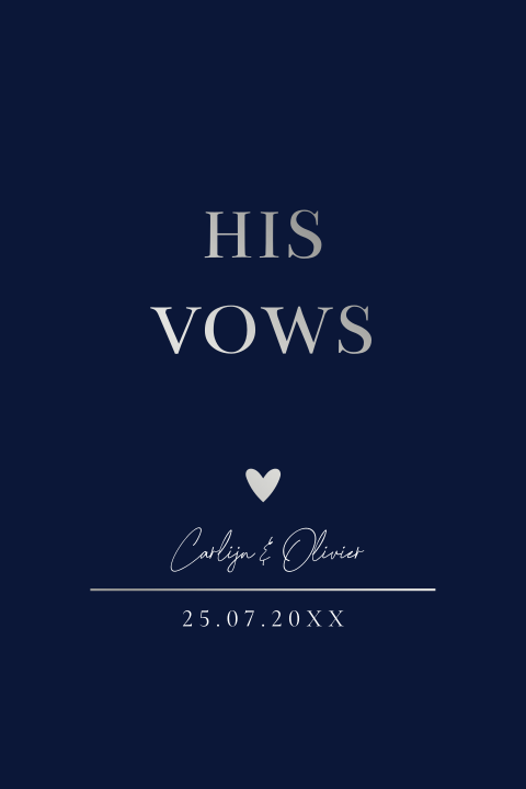 Geloftenkaart donkerblauw zilverfolie his vows