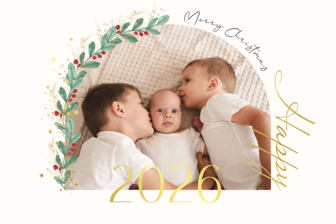 Stijlvolle kerstkaart met foto in boog en goudfolie
