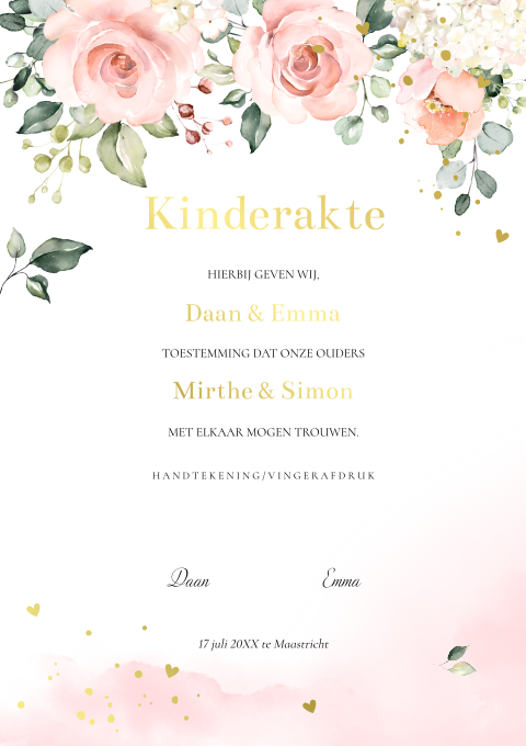 Kinderakte huwelijk roze bloemen goudfolie