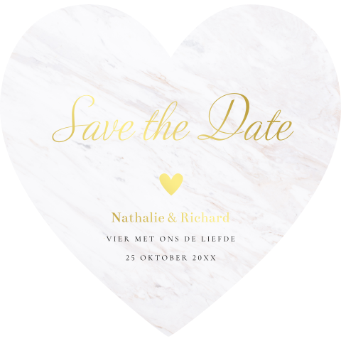 Save the Date kaart wit marmer look hartje hart vorm goudfolie