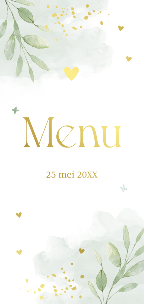 Menukaart communie botanisch waterverf groen goudfolie
