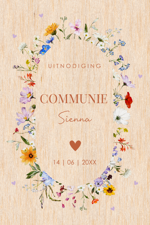 Communie uitnodiging meisje echt hout veldbloemen rood bruin