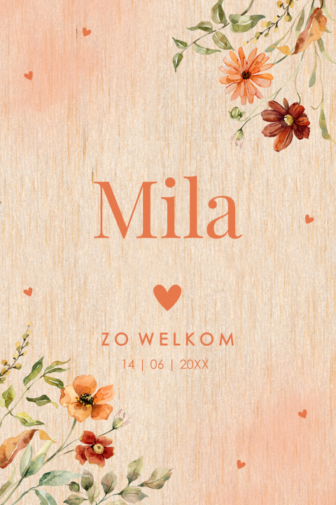 Geboortekaartje echt hout bloemen meisje