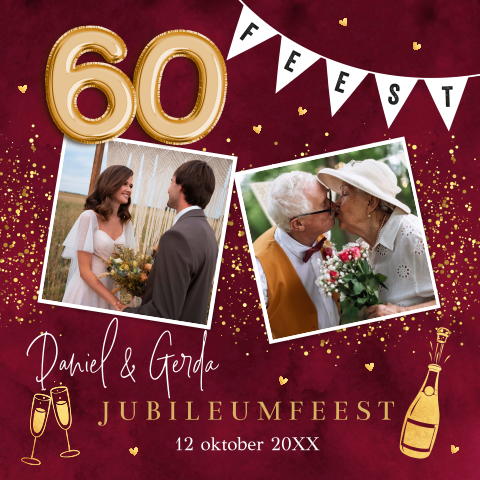 Uitnodiging jubileum huwelijk 60 jaar getrouwd rood foto goudlook